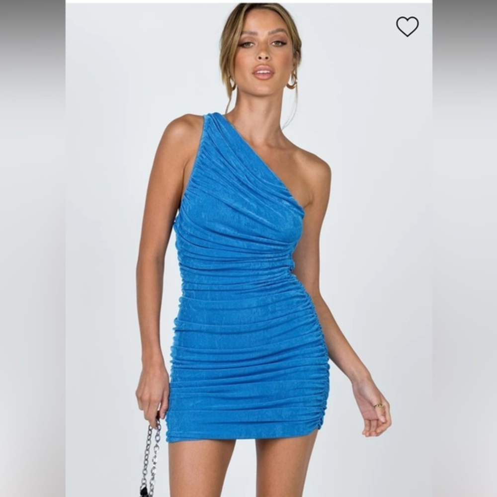 Lioness‎ icy light blue one shoulder ruched mini bodycon stretch soft dress, XXS